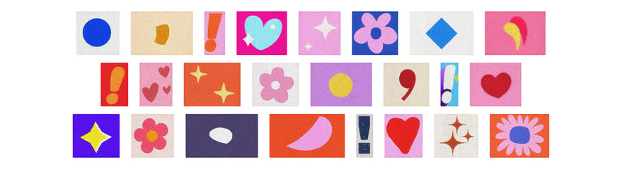 Social and UI symbol collage, colorful magazine cutouts on PNG
