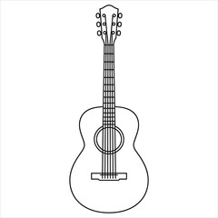 Minimalist black and white line drawing of an acoustic guitar with 6 strings, frets, and tuning pegs, isolated on white background