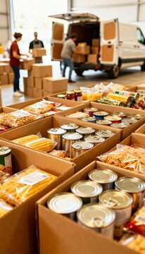 Close-up of aid boxes with food staples in warehouse, volunteers preparing and loading for distribution