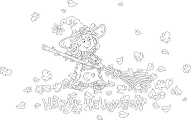 Happy little Halloween witch with her magical broom sweeping fallen autumn leaves, black and white outline vector cartoon illustration for a coloring book