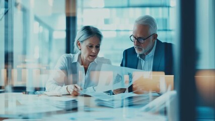 Collaboration on financial data processing among experienced professionals in a modern office setting, financial data processing over senior caucasian couple checking bills - Powered by Adobe