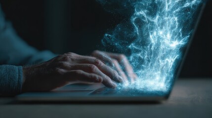 close up of businessman hand using laptop with medical hologram artificial intelligence and technology concept double exposure no logos no brands ar 169