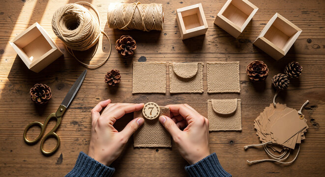 Crafting handmade gift boxes with natural materials on wooden table  