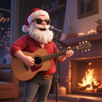 A jolly Santa Claus in sunglasses plays an acoustic guitar by a cozy fireplace, creating a festive and warm holiday atmosphere in a living room setting.