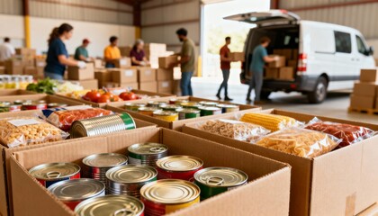 Close-up of aid boxes with food staples in warehouse, volunteers preparing and loading for distribution