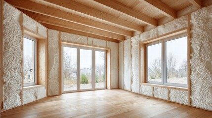 Interior of a modern house with exposed wooden beams and foam insulation.