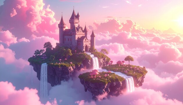 Magical floating castle in pink clouds