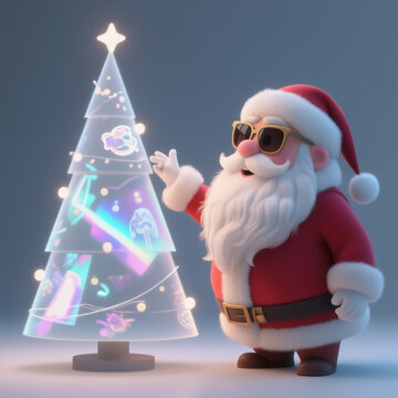 A cheerful Santa in sunglasses stands beside a glowing neon Christmas tree adorned with colorful lights and decorations, set against a soft blue background.