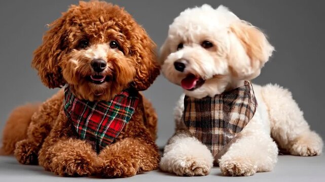 Two poodle dogs one brown and one cream wearing patterned bandanas sit sidebyside against a gray background