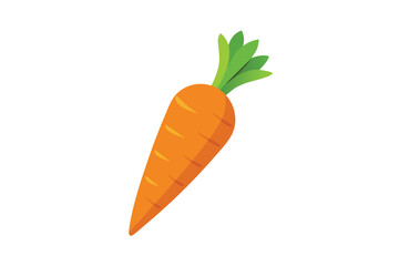 An orange carrot with green leafy tops is showcased on a plain backdrop
