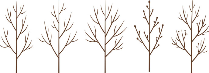 Stylized tree growth stages, seasonal transition illustration, leafless and budding trees, brown trunk design, nature concept art, spring evolution
