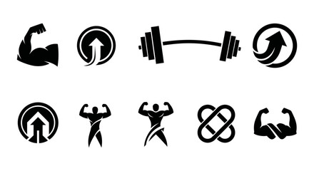 A collection of bold, fitness icons, showcasing strength, muscle, and a barbell for gym logos and modern workout branding, symbolizing power and growth.