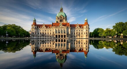 Hanover City Hall reflected in the Maschteich at Sunrise, Germany