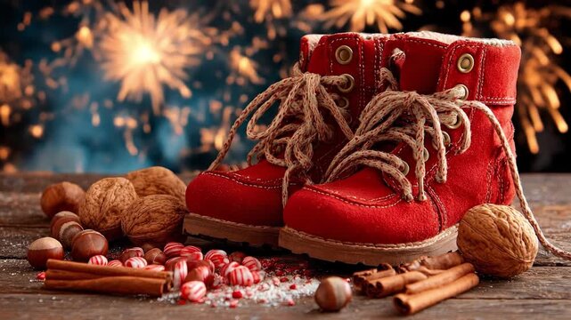 Two red baby boots sit on a wooden surface with nuts peppermint candies  cinnamon sticks set against a blurred backdrop of light bursts