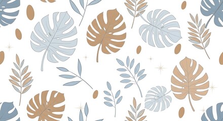 Seamless pattern of monstera leaves and abstract shapes isolated on white background tropical foliage design for textile, wallpaper, or wrapping paper