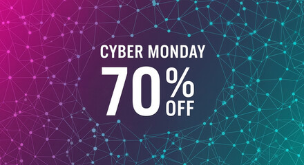 Cyber Monday sale banner with 70% off on colorful background  