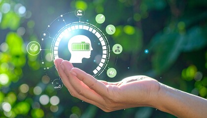 A hand holding a holographic projection of a human head with a battery icon inside, symbolizing mental energy and sustainability.