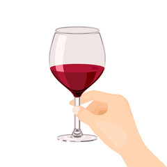 Glass of red wine in hand isolated on white background. Vector cartoon flat illustration.