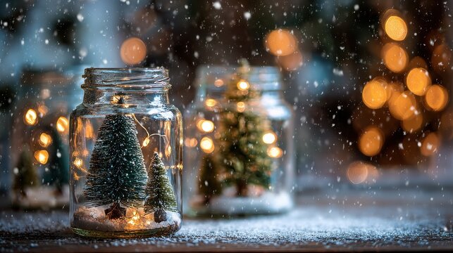 glass jars with miniature christmas trees and fairy lights hanging as festive decorations winter holiday decor with warm bokeh and falling snow creating cozy christmas atmosphere - Powered by Adobe