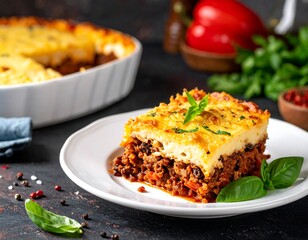 Baked layered dish with meat and cheese