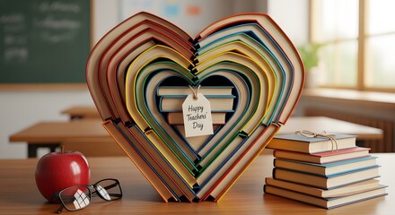A heart shape made of stacked books with a tag that says love to learn and an apple and glasses on a wooden table in a classroom setting