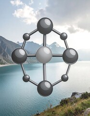 Geometric molecule over a serene lake landscape