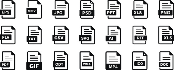 Collection of File Format Icons Representing Various Document Types for Software and Operating Systems