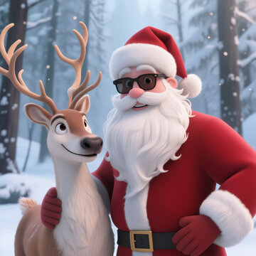 Santa Claus in sunglasses stands with a smiling reindeer in a snowy forest. The scene is festive and cheerful, capturing the spirit of Christmas in a playful, animated style.