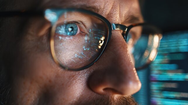 focused developer coder wears glasses working on computer looking at programming code data cyber security digital tech reflecting in spectacles developing software program focus on eye close up view 