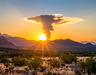Dramatic sunset over mountains with a large cloud formation