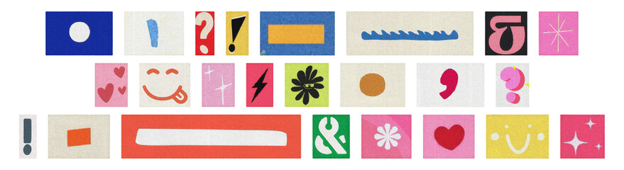 Playful pictogram and punctuation cutouts, colorful set on PNG
