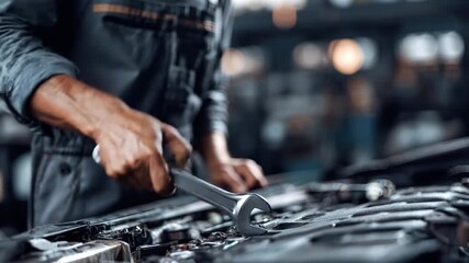 A skilled mechanic is working on an engine without any distractions. The lighting highlights the intricate details of the workshop and the mechanic's focused expression