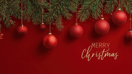 christmas background with hanging red ornaments and pine branches text merry christmas red background template for social media banner digital marketing web mobile wallpaper greetings card