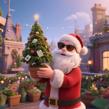 Santa Claus, wearing sunglasses, holds a small decorated Christmas tree on a festive rooftop, surrounded by city buildings and holiday lights, creating a cheerful and whimsical holiday scene.