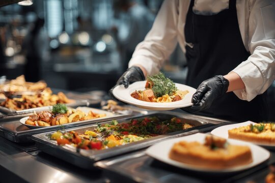 Canteen worker serving buffet meal