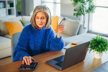 Senior woman working remotely on finances using a phone and calculator at home in a cozy and stylish living room.