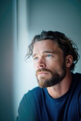 Fototapeta premium Contemplative man gazing thoughtfully out of window, soft lighti