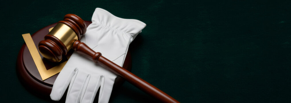 A gavel, square tool, and white glove on a green background. Masonic symbols for freemasonry, secret society, and conspiracy.