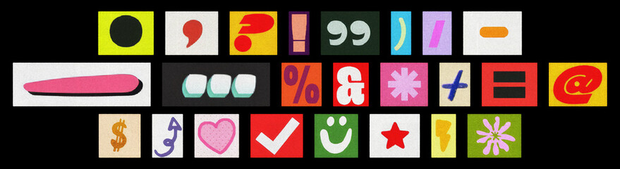 Fototapeta premium Graphic design symbol collage for branding, magazine cutouts on black 