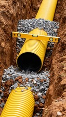 Fototapeta premium Close-up of trench with yellow pipes, gravel, and soil. 