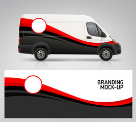 Delivery Van Branding graphics of abstract RED waves decal design. Side view Van, Truck mockup with Red stripe branding wrap design. Branding vehicle with space for your logo design. Editable vector