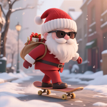 A cartoon Santa Claus wearing sunglasses skateboards down a snowy street, carrying a sack of gifts. The scene is festive and playful, with snow-covered buildings in the background.