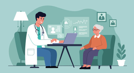 Illustration of a Doctor consulting an elderly patient in a clinic and home-like setting, highlighting accessible healthcare, telemedicine, and compassionate care.