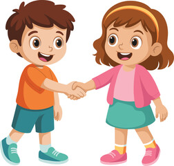 Cartoon boy and girl handshake, happy children illustration, friendship agreement, teamwork cooperation, school kids greeting, smiling friends, communication, education concept