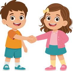 Cartoon boy and girl handshake, happy children agreement, friendship illustration, teamwork cooperation, kids greeting, smiling friends meeting, communication, education concept