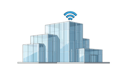 Modern office building with glass facade and a wifi signal icon on top, isolated on white.