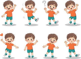 Cartoon boy character showing different emotions and actions, kids expressions, playful child poses, cute illustration, fun educational design, vector art