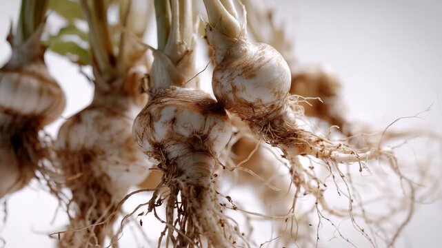 White garlic bulbs with roots are tangled together, each garlic bulb showing intricate roots. The garlic bulbs and roots form a detailed pattern on display.