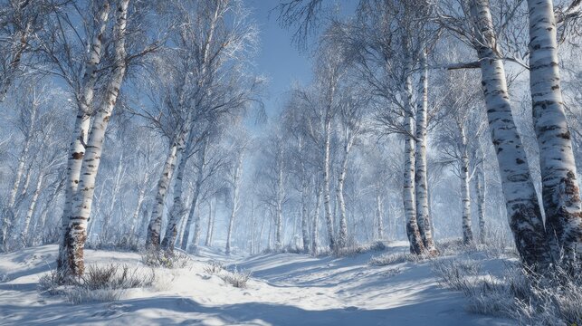 snowy birch trees winter wonderland forest scene