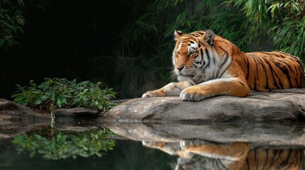 Obraz premium Tiger resting on rock over water